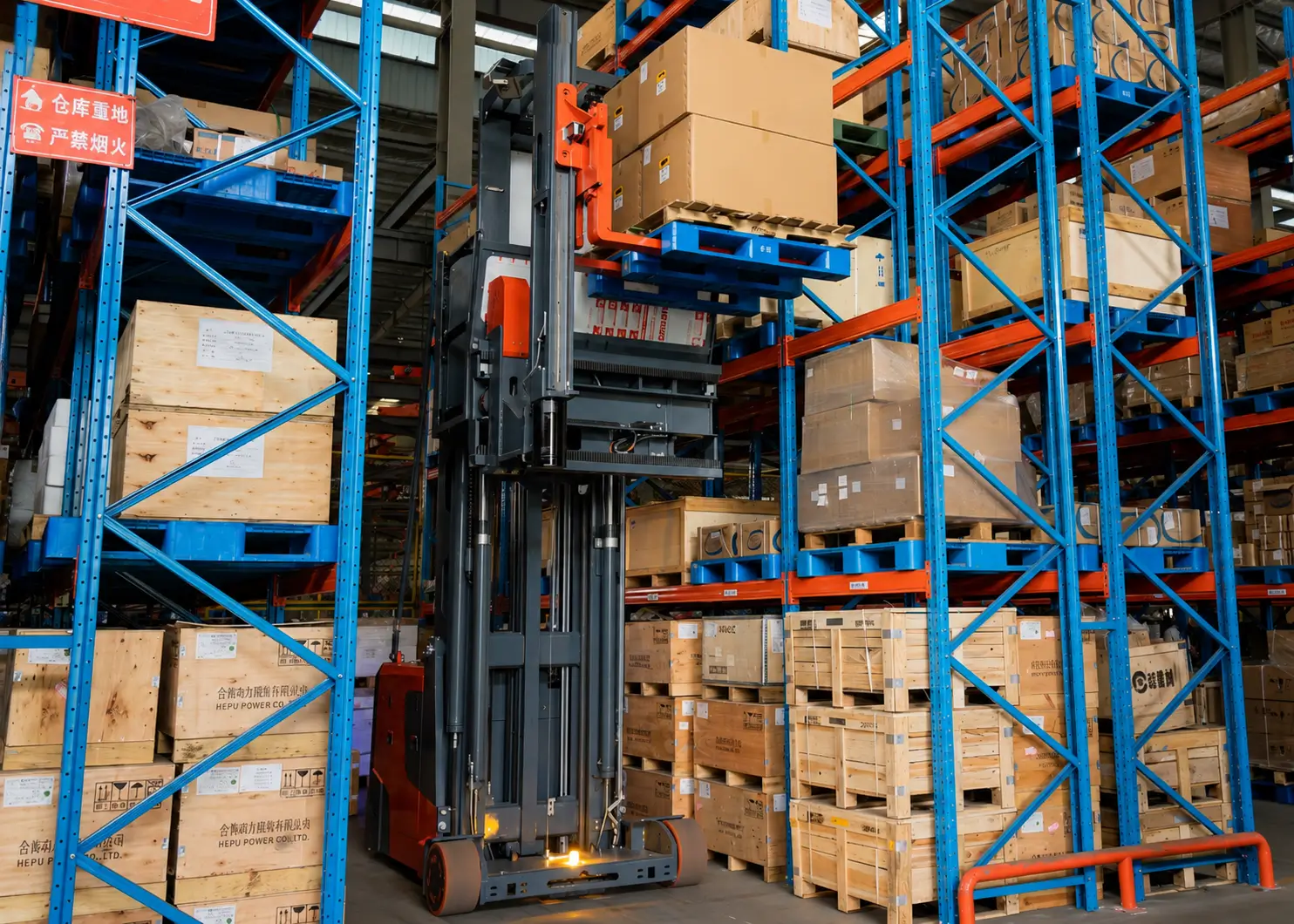 MiMA 3-way pallet stacker in a distribution centre